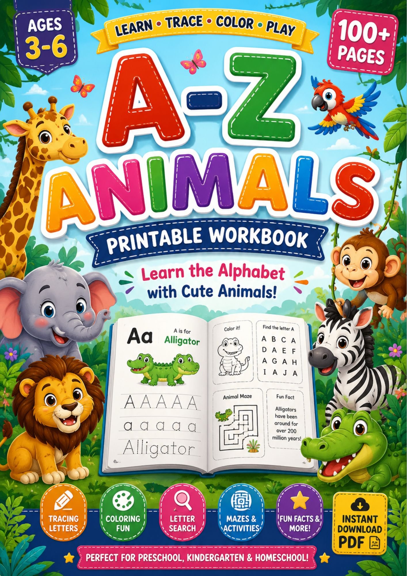 A–Z Animals Printable Workbook for Kids Ages 3–6
