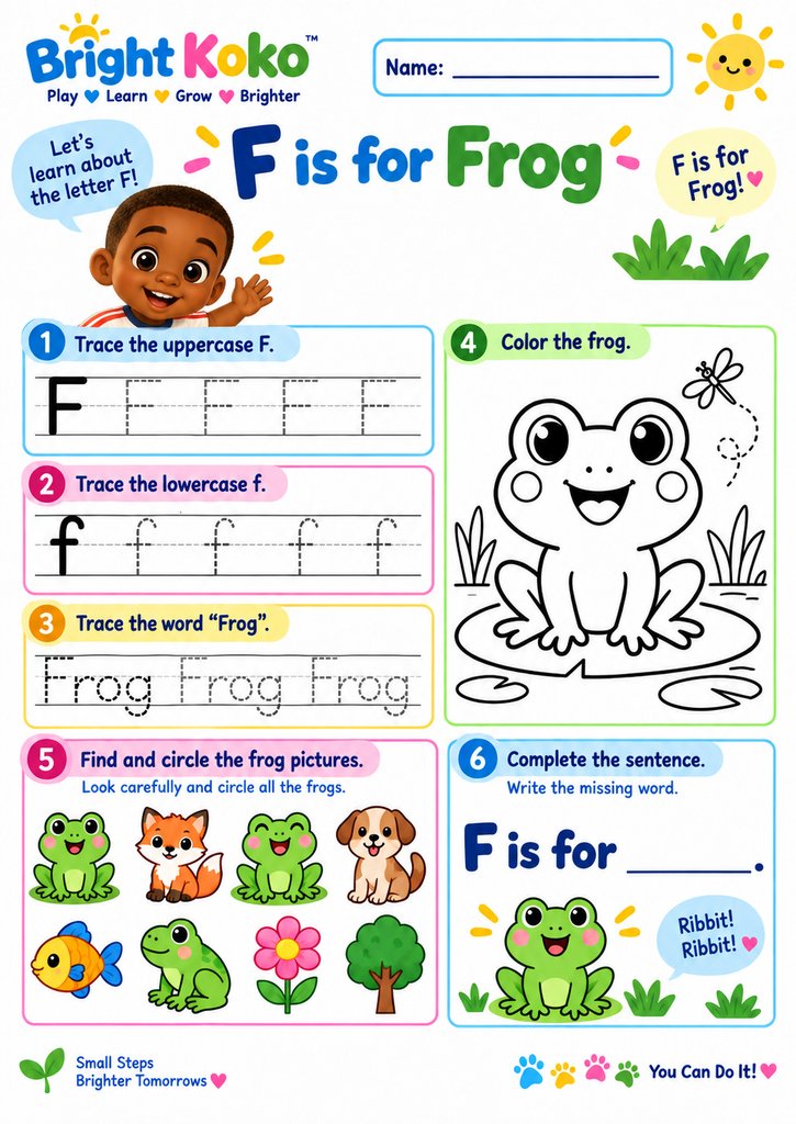 F is for Frog printable worksheet for kids with Letter F tracing, Frog word tracing, coloring, picture recognition, and Koko character.