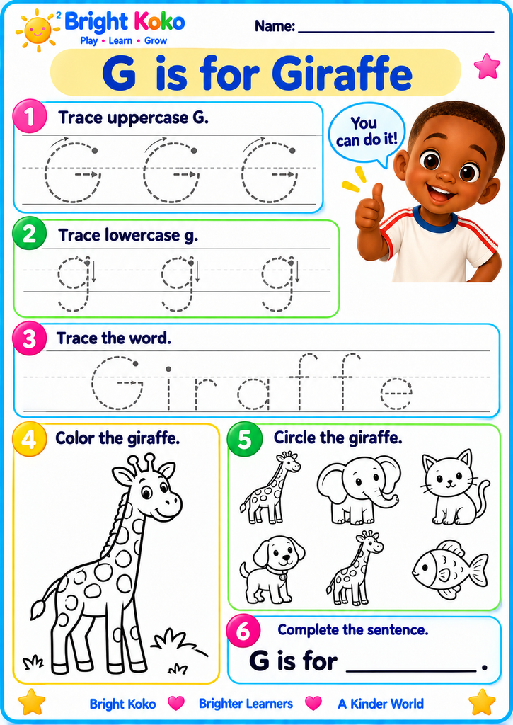 G is for Giraffe printable worksheet for kids with Letter G tracing, giraffe coloring, vocabulary, and picture recognition activities.