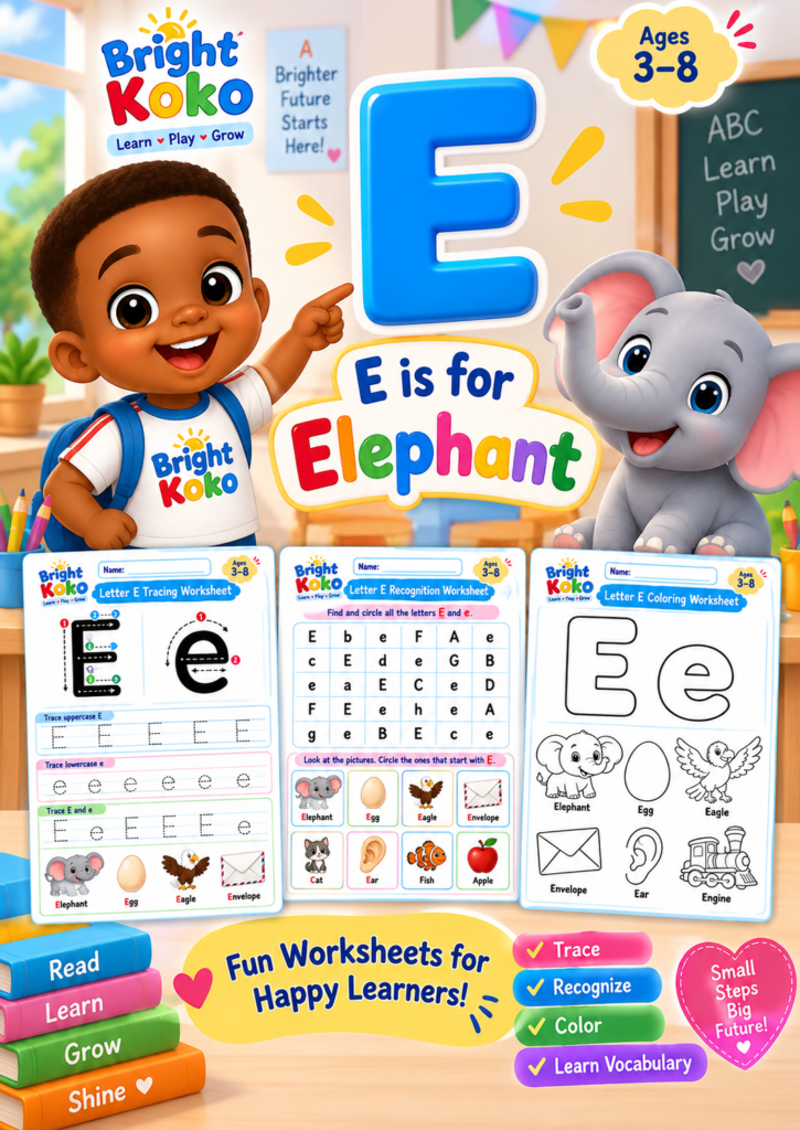 Letter E Worksheets for Kids featuring Koko, uppercase E, E is for Elephant, and printable tracing, coloring, and recognition activities.