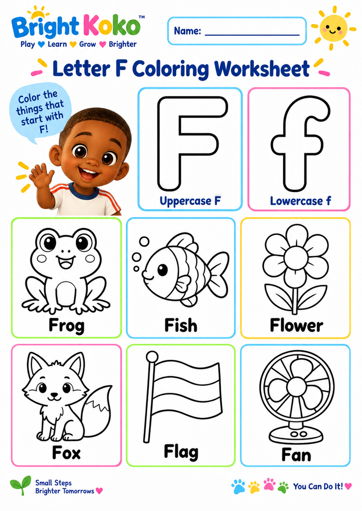Free Letter F coloring worksheet for kids with uppercase F, lowercase f, Frog, Fish, Flower, Fox, Flag, Fan, and Koko.