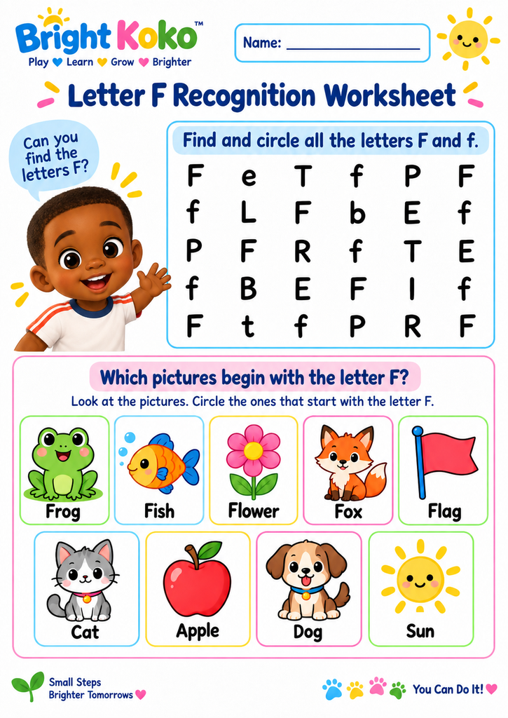Letter F recognition worksheet for preschool kids with F and f letter search activity, Frog, Fish, Flower, Fox, and Koko.