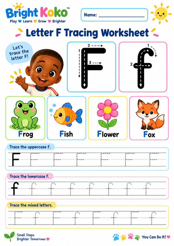 Free printable Letter F tracing worksheet for kids with uppercase F, lowercase f, Frog, Fish, Flower, and Koko character.