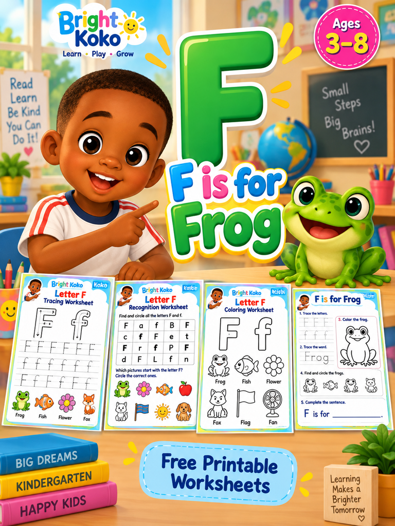 Letter F worksheets for kids featuring Koko, F is for Frog, and printable tracing, recognition, and coloring activities.