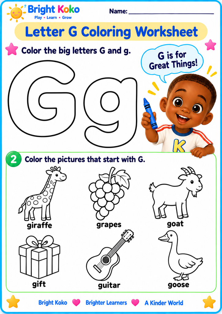 Free printable Letter G coloring worksheet with uppercase G, lowercase g, giraffe, grapes, goat, gift, guitar, and goose.