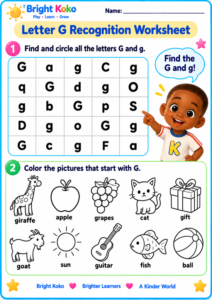 Letter G recognition worksheet for preschool and kindergarten children with G and g letter-finding and picture recognition activities.