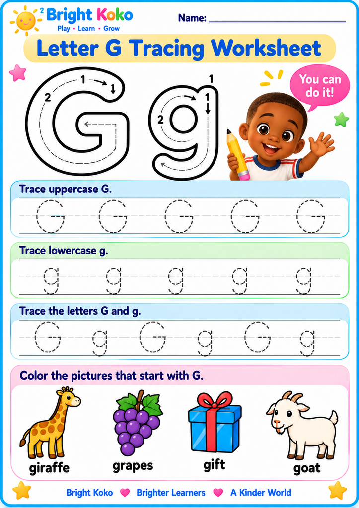 Free printable Letter G tracing worksheet for kids with uppercase G, lowercase g, giraffe, grapes, gift, and handwriting practice.